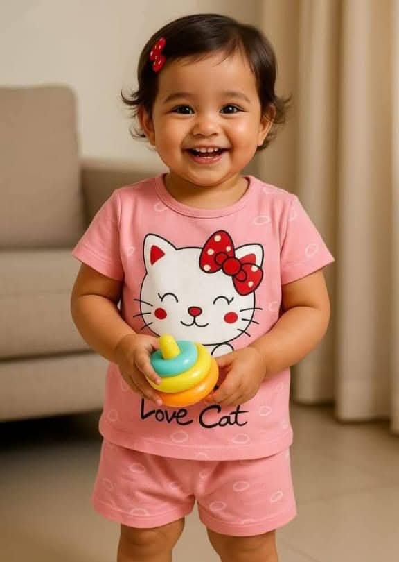 PINK LOVE CAT PRINTED T-SHIRT SET