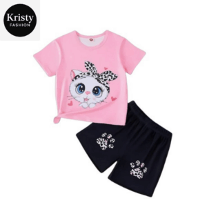 PINK CAT PRINTED T-SHIRT SET