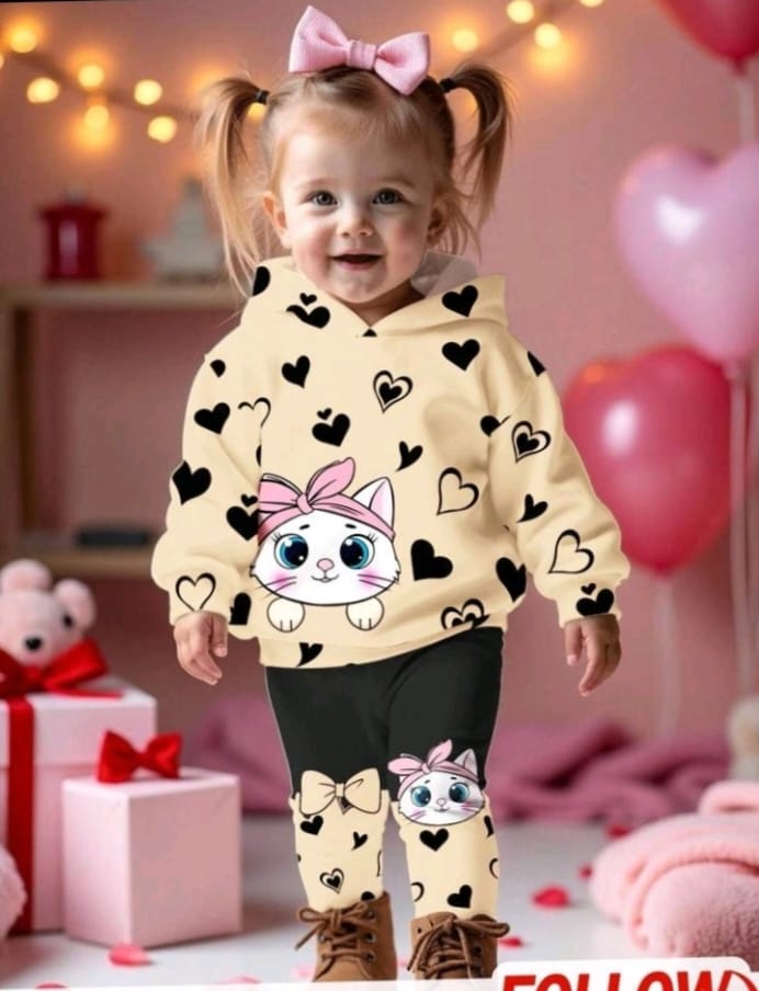 Cute Cat Print 2-Piece Winter Hoodie Set